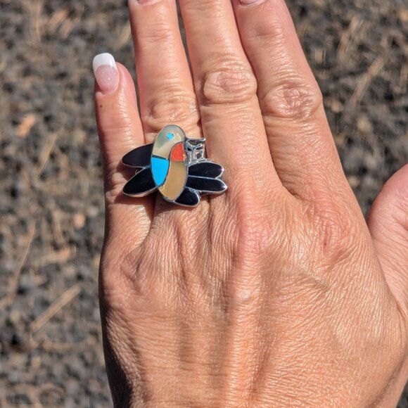 Genuine Native American Jewelry Zuni Ring Hummingbird Style Tribal sz 7.5 *** - Picture 1 of 11